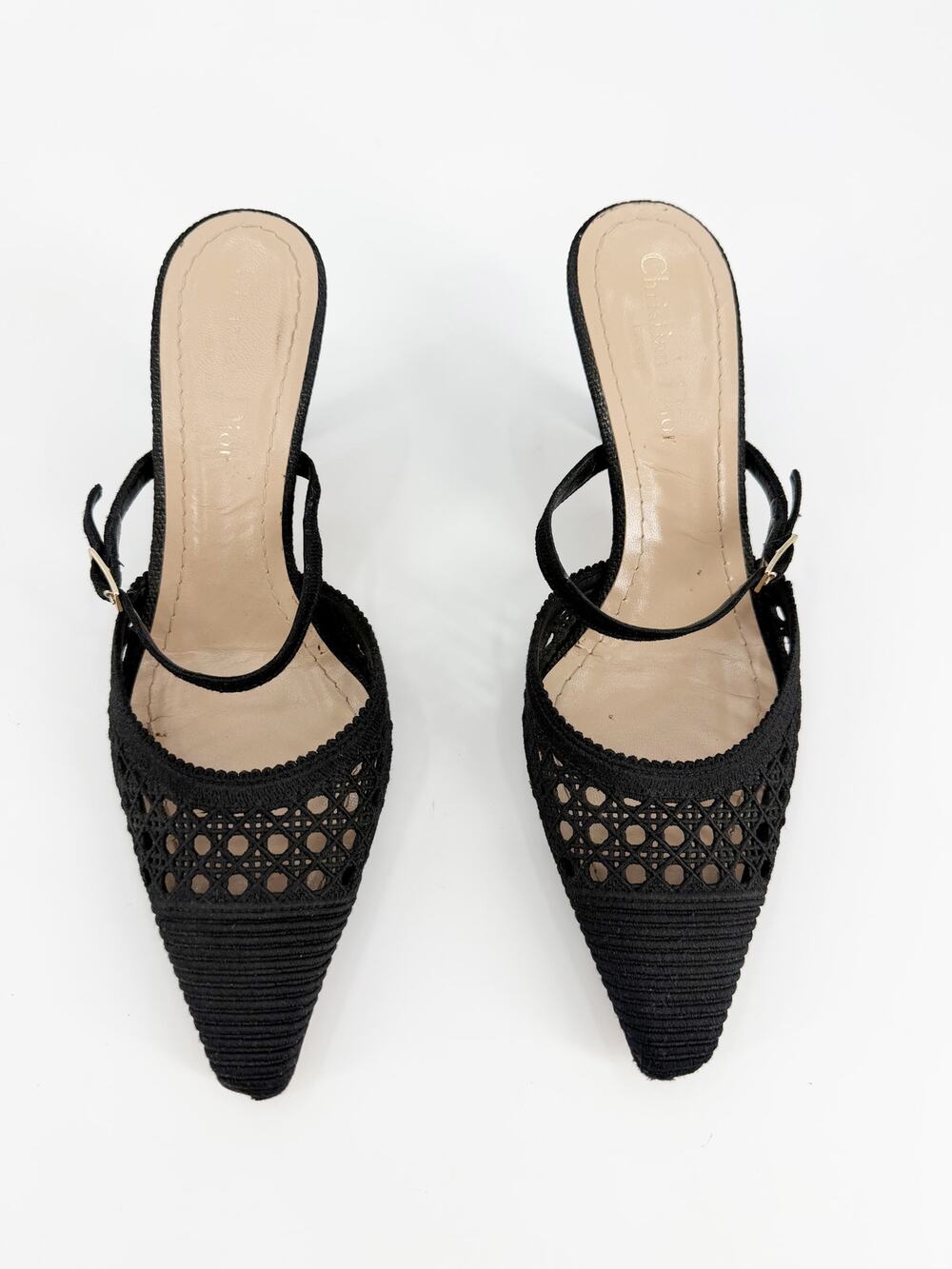 Christian Dior Capture Black Cannage Mesh Pointed Kitten Heel Mules 37 EU